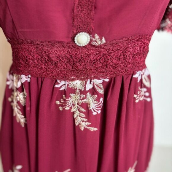 Cariar Vintage Women's Large Burgundy Floral Dress Embroidered Lace Puff Sleeve - Picture 5 of 16
